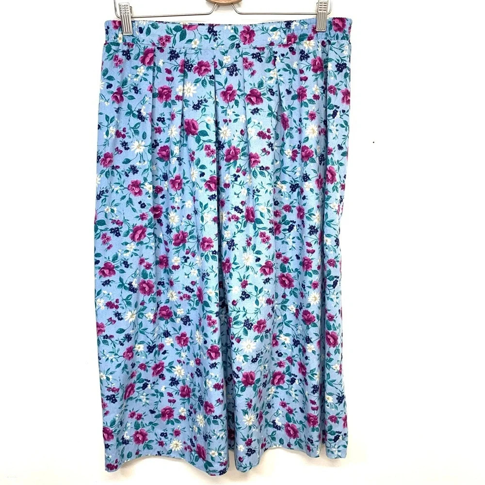 Vintage Floral Midi Skirt 14 Blue Pull On Pockets Pleats Cottagecore Coastal